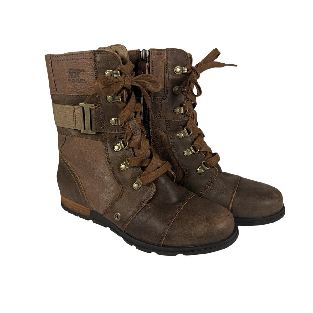 Sorel Major Carly Boots Womens Size 8 Brown Leather Combat Ankle Booties NL2157